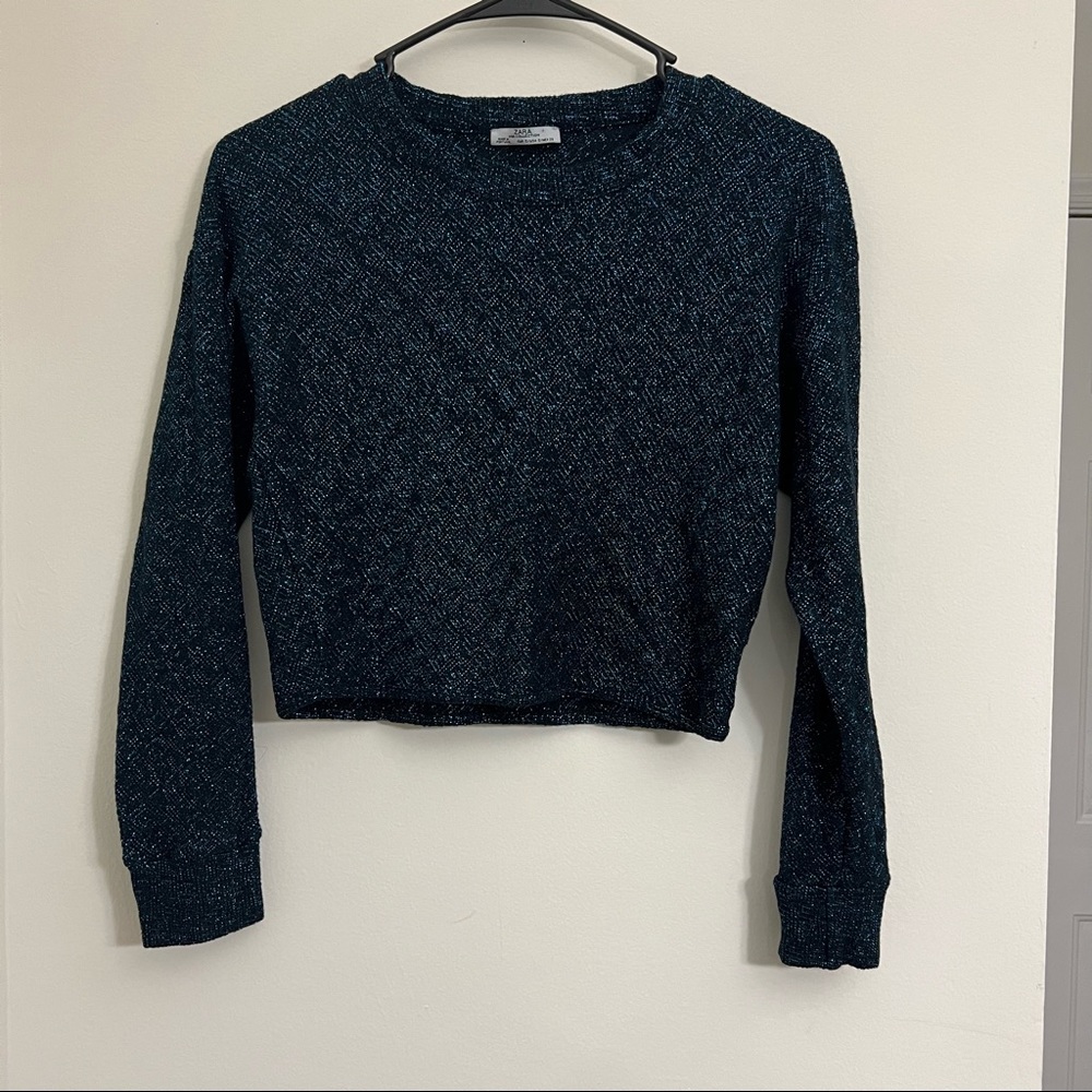 Zara Black & Blue Glitter Sparkle Long Sleeve Crop Top Size Small